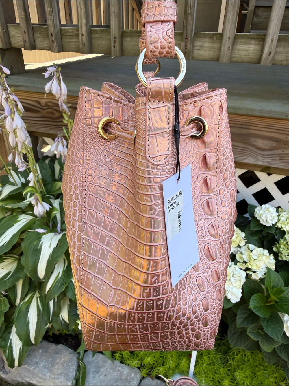 Brahmin Melinda Croc Embossed Rose Gold Melbourne Bucket Shoulder Crossbody Bag - Picture 10 of 12
